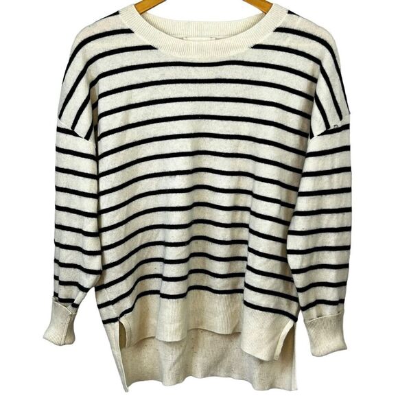 Cynthia Rowley Cream Black Striped 100% 2-Ply Cashmere Crewneck Sweater Size L - Picture 1 of 11
